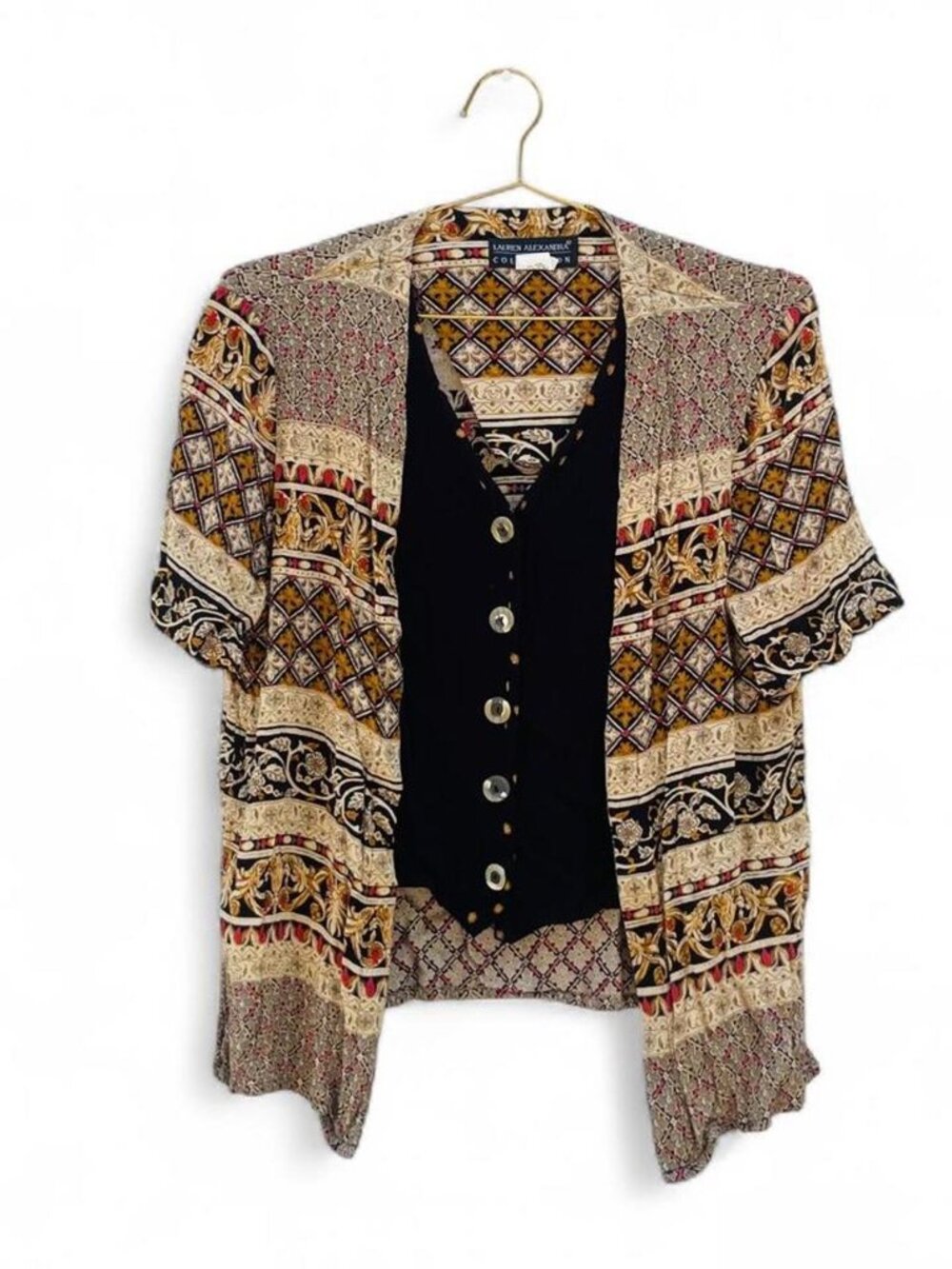Vintage 90s Lauren Alexandra Tapestry Print Open Front Blouse – Boho Lightweight